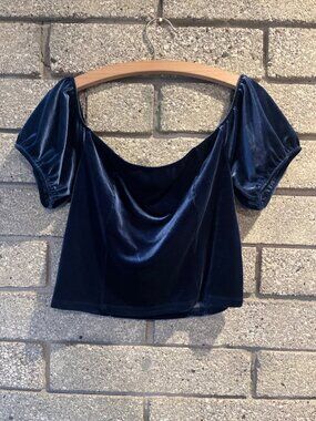 Forever 21+ Navy Blue Velvet Puff Sleeve Crop Top Off-Shoulder Size 0X